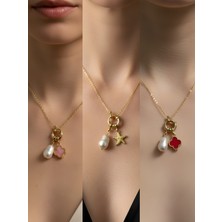 NKT Collection Kırmızı Yonca Deniz Yıldızı Midye Incili Kolye