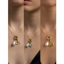 NKT Collection Hayat Ağacı Turkuaz Yonca Kalpli Zarf Incili Kolye