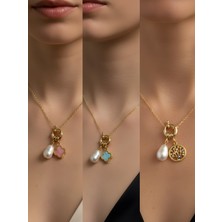 NKT Collection Hayat Ağacı Turkuaz Yonca Pembe Yonca Incili Kolye