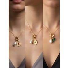 NKT Collection Zümrüt Yeşili Kelebek Kabartma Kalp Turkuaz Kalp Incili Kolye