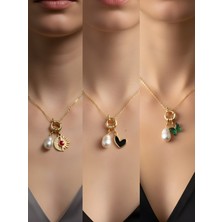 NKT Collection Zümrüt Yeşili Kelebek Siyah Kalp Turkuaz Kalp Incili Kolye