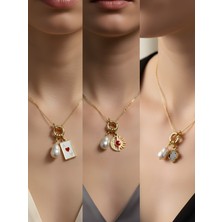 NKT Collection Siyah Yonca Ay Güneş Beyaz Yonca Incili Kolye