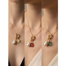 NKT Collection Kırmızı Damla Zümrüt Yeşili Damla Deniz Yıldızı Incili Kolye