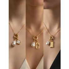 NKT Collection Kaktüs Külçe Altın Beyaz Yonca Incili Kolye