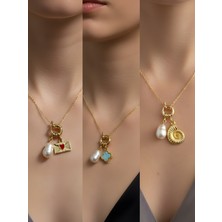 NKT Collection Deniz Kabuğu Turkuaz Yonca Ay Güneş Incili Kolye