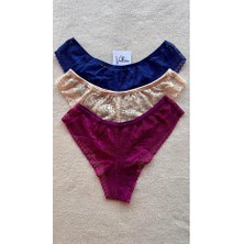 Vellora Kadın Iç Çamaşırı Brazillian Stil Dantelli Lace Set Kadın Şık ve Rahat Tanga Külot 3'lü Set