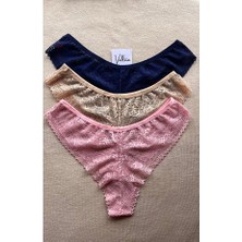 Vellora Kadın Iç Çamaşırı Brazillian Stil Dantelli Lace Set Kadın Şık ve Rahat Tanga Külot 3'lü Set