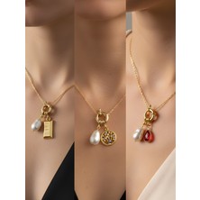 NKT Collection Kırmızı Damla Hayat Ağacı Külçe Altın Incili Kolye