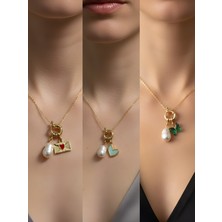 NKT Collection Zümrüt Yeşili Kelebek Kalpli Zarf Turkuaz Kalp Incili Kolye