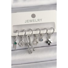 Nehir Pirinç Gümüş Renk Zirkon Taşlı Çoklu Figür Kadın Küpe Seti