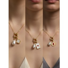 NKT Collection Ay Güneş Kupa As Beyaz Yonca Incili Kolye