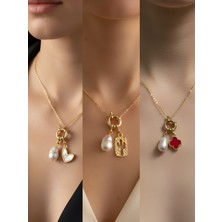 NKT Collection Beyaz Kalp Kaktüs Kırmızı Yonca Incili Kolye