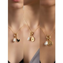 NKT Collection Hayat Ağacı Kabartma Kalp Siyah Kalp Incili Kolye