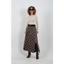 Zelish My Sister Kahve Bej Kemerli Yırtmaçlı Ekose Etek