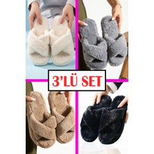 Stwenn 3 Lü Set Pofuduk Peluş Çapraz Bantlı Kadın Ev Terliği Kışlık Yumuşak Ev Terliği Ses Yapmaz Taban