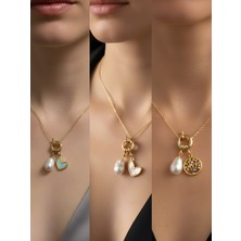 NKT Collection Hayat Ağacı Beyaz Kalp Turkuaz Kalp Incili Kolye