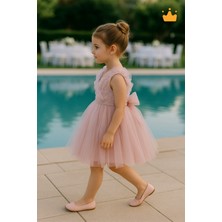 Minimony 1-5 Yaş Yakası Taşlı Tüllü Özel Tasarım Sırt Detaylı Kız Çocuk Tül Etek Abiye Elbise Düğünlük 6516