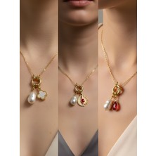 NKT Collection Kırmızı Damla Ay Güneş Kupa As Incili Kolye