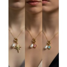 NKT Collection Turkuaz Yonca Pembe Yonca Kalpli Zarf Incili Kolye