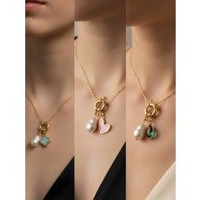 NKT Collection Zümrüt Yeşili Damla Pembe Kalp Turkuaz Yonca Incili Kolye