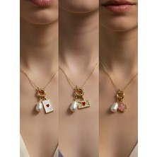 NKT Collection Pembe Yonca Kalpli Zarf Beyaz Yonca Incili Kolye