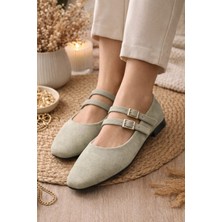 Slipcat Kadın Üstten Kemerli Çift Tokalı Çift Bantlı Tokalı Süet Babet Süet