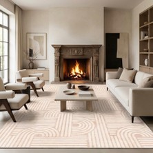 Carpettex Bej Modern Geometrik Desenli Dijital Baskılı Kaymaz Tabanlı Yıkanabilir Antibakteriyel Halı