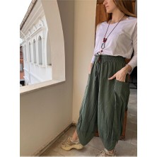 Kadın %100 Pamuk Keten V Paça Pantolon Lastik Bel