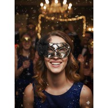 Dodomar Pullu Çiçekli Rose Gold Yılbaşı Kutlama Lüks Maske Gözlüğü Parti Aksesuarı