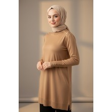 Lale Butik Düğme Detaylı Triko Tunik 34048 Latte