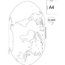 Glanart A4 Boy  Dilsiz Dünya Haritası Geoid Renksiz 12 Adet