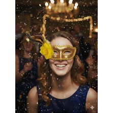 Dodomar Uzun Tüylü Pullu Çiçekli Gold Altın Yılbaşı Kutlama Lüks Maske Gözlüğü