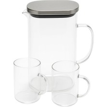 1800 ml Cam Sürahi ve 2’li Bardak Seti – Paslanmaz Çelik Kapaklı Dayanıklı Şeffaf Su, Çay, Meyve Suyu Servis Seti