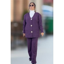 Yagmur Beren  Kollarda Düğme Detay V Yaka Düğme Kapama Ceket Beli Lastikli Pantolon Büyük Beden Triko Takım