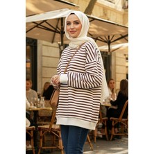 Lale Butik Bisiklet Yaka Çizgili Basic Uzun Kol Sweatshirt 3030 Bordo