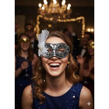 Dodomar Pullu Çiçekli Gümüş Yılbaşı Kutlama Lüks Maske Gözlüğü Parti Aksesuarı