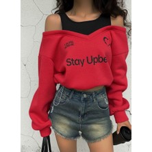 Afri Kadın Kırmızı Şardonlu Ikili Görünüm Sweatshirt - Askılı Atlet Detaylı Oversize Sweat