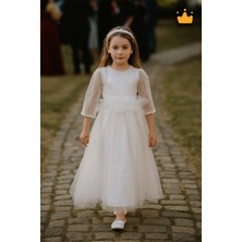 Minimony 6-10 Yaş Midi Boy Yetim Kol Simli Nakışlı Tül Kız Çocuk Abiye Bayramlık Elbise Ekru 5012