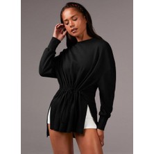 Afri Siyah Beli Ayarlanabilir Ipli Uzun Sweatshirt Tunik - Rahat Kalıp Günlük Kadın Üst