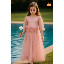 Minimony 6-10 Yaş Midi Boy Yetim Kol Simli Nakışlı Tül Kız Çocuk Abiye Bayramlık Elbise Pudra 5012