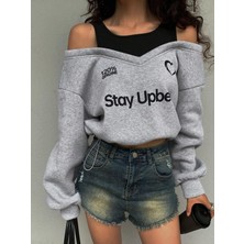 Afri Kadın Gri Şardonlu Ikili Görünüm Sweatshirt - Askılı Atlet Detaylı Oversize Sweat
