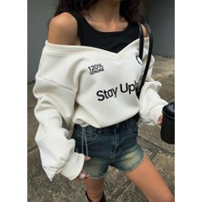 Afri Kadın Ekru Şardonlu Ikili Görünüm Sweatshirt - Askılı Atlet Detaylı Oversize Sweat