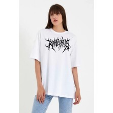 Moda Loris Unisex Bisiklet Yaka Baskılı Oversize T-Shirt - Beyaz