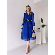 Moda Loris Kadın Şifon Kumaş Astalı Kloş Kesim Kruvaze Yaka Midi Boy Elbise