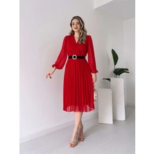 Moda Loris Kadın Şifon Kumaş Astalı Kloş Kesim Kruvaze Yaka Midi Boy Elbise