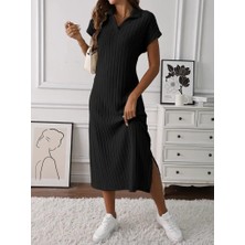 Moda Loris Kadın Kısa Kollu Yakalı Yandan Yırtmaçlı Kalın Fitilli Kaşkorse Elbise