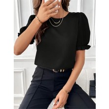 Moda Loris Kadın Kısa Kollu Bisiklet Yaka Kolları Gipeli Ithal Krep Bluz