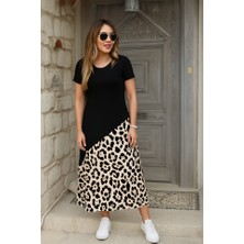 Moda Loris Kadın Kısa Kollu Bisiklet Yaka Leopar Detaylı Midi Üst Viskon Alt Süprem Elbise