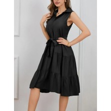 Moda Loris Kadın Kısa Kollu Gömlek Yaka Düğmeli Beli Kuşaklı Katlı Dokuma Midi Elbise