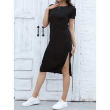 Moda Loris Kadın Kısa Kollu Yanı Yırtmaçlı Bisiklet Yaka Dizde Viskon Elbise